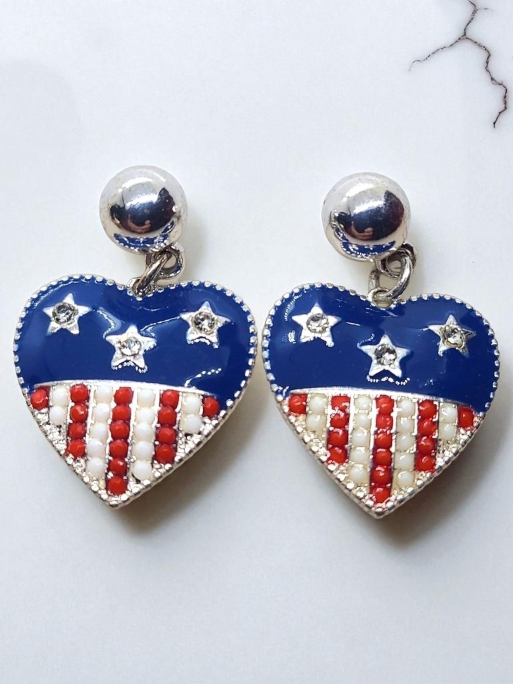 Patriotic Heart Drop Earrings - Blue, Red & White Enamel Heart Earrings